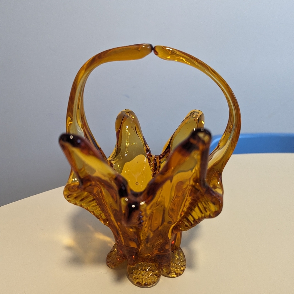 Vintage Chalet Art Glass Bomboniere Whimsey Basket Amber Yellow